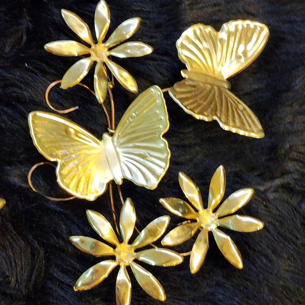 Set of 2 Vintage Brass Colored Metal Butterfly and Flower Wall Decor